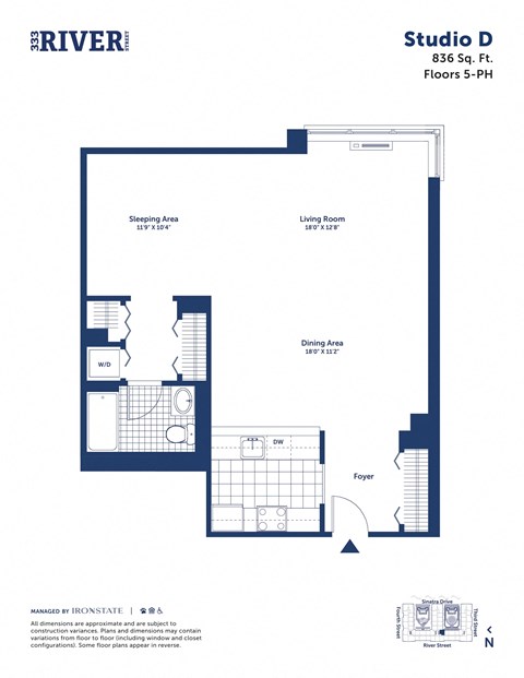Floor plan for studio, 1 bath, 836 sqft